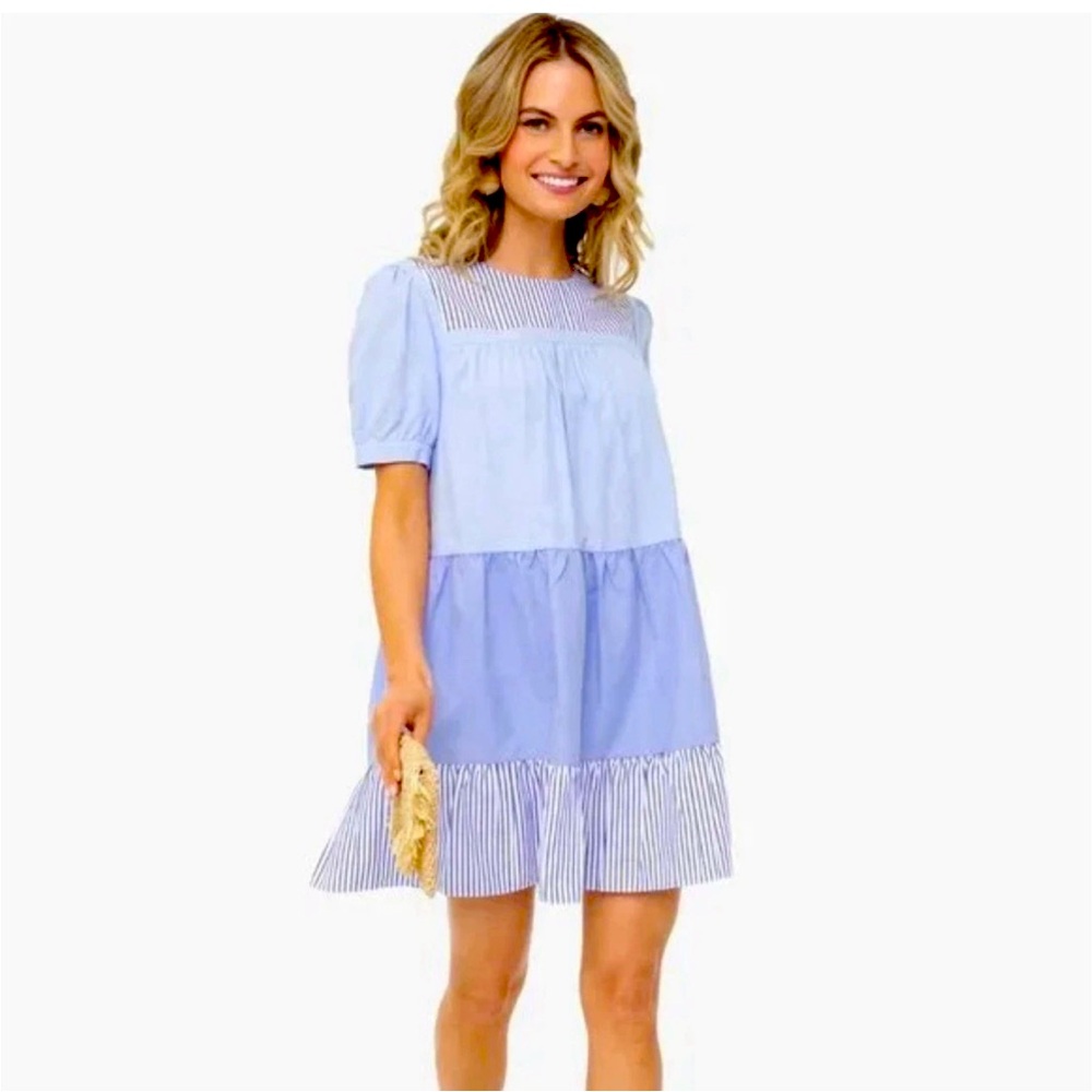 Pomander Place Tuckernuck Blue Stripe Quinn Swing Tiered Dress Size Small cute